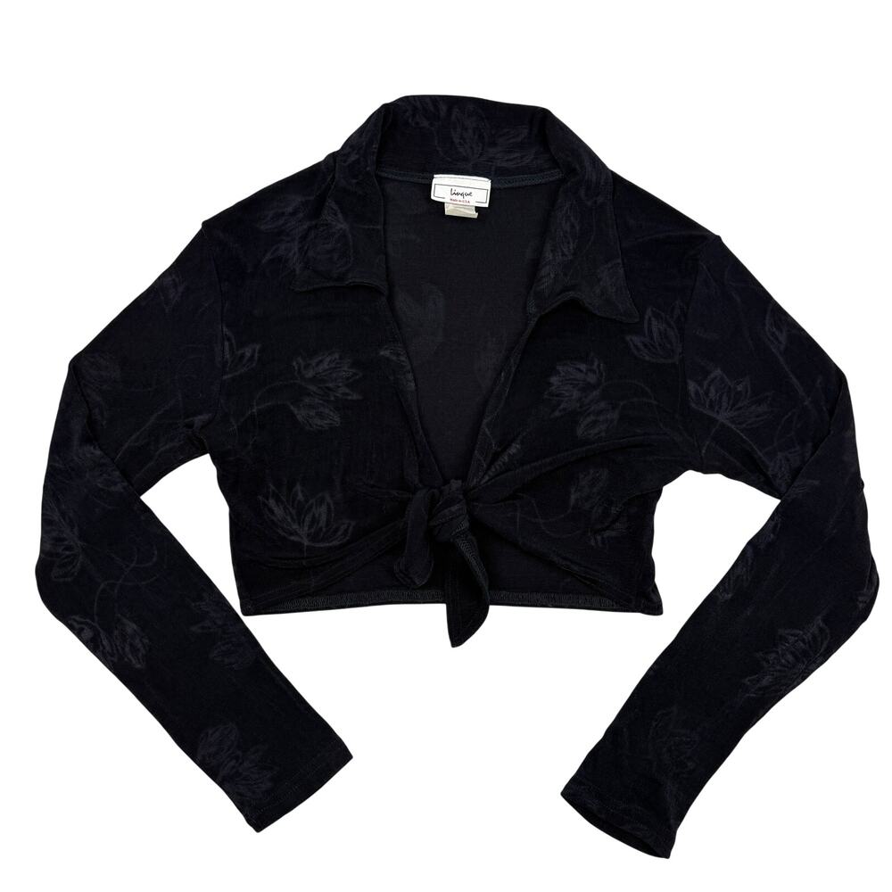 Tie Front Crop Top Knit Jersey Shirt Black Floral Long Sleeve Sz L Made in USA